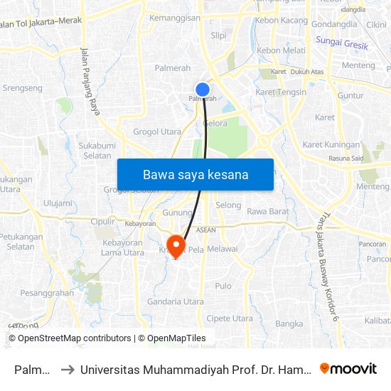 Palmerah to Universitas Muhammadiyah Prof. Dr. Hamka (Uhamka) map