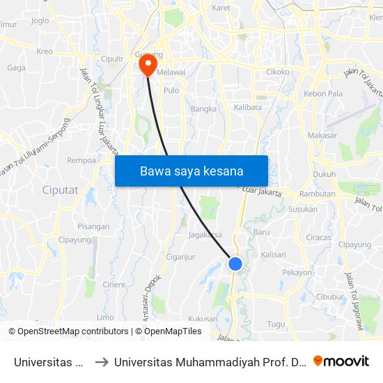 Universitas Pancasila to Universitas Muhammadiyah Prof. Dr. Hamka (Uhamka) map