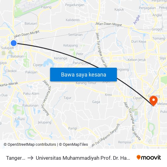 Tangerang to Universitas Muhammadiyah Prof. Dr. Hamka (Uhamka) map