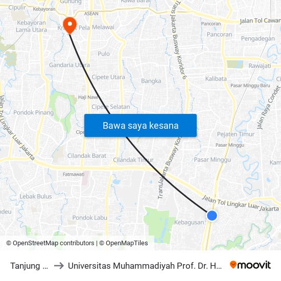 Tanjung Barat to Universitas Muhammadiyah Prof. Dr. Hamka (Uhamka) map