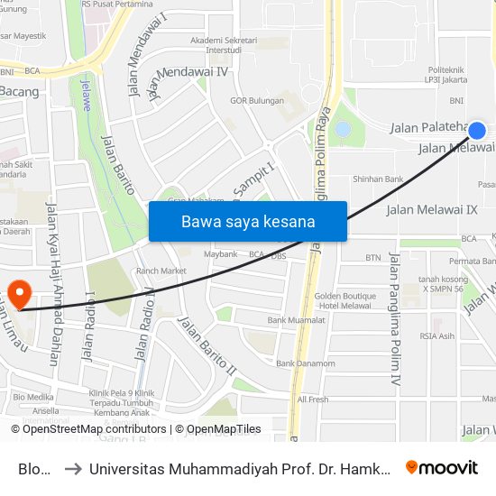 Blok M to Universitas Muhammadiyah Prof. Dr. Hamka (Uhamka) map