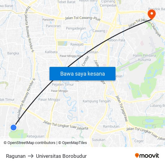 Ragunan to Universitas Borobudur map