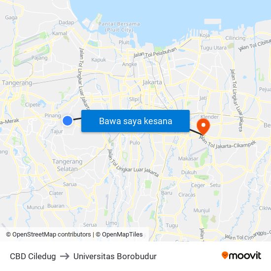 CBD Ciledug to Universitas Borobudur map