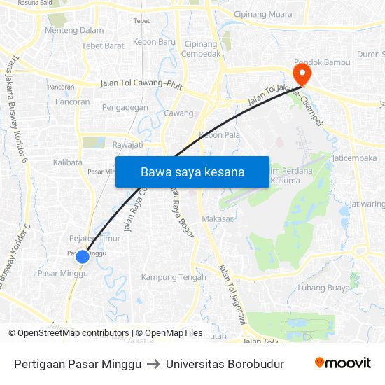 Pertigaan Pasar Minggu to Universitas Borobudur map