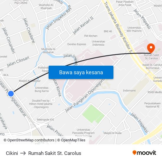 Cikini to Rumah Sakit St. Carolus map