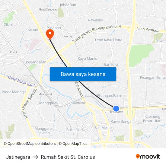 Jatinegara to Rumah Sakit St. Carolus map