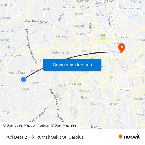 Puri Beta 2 to Rumah Sakit St. Carolus map