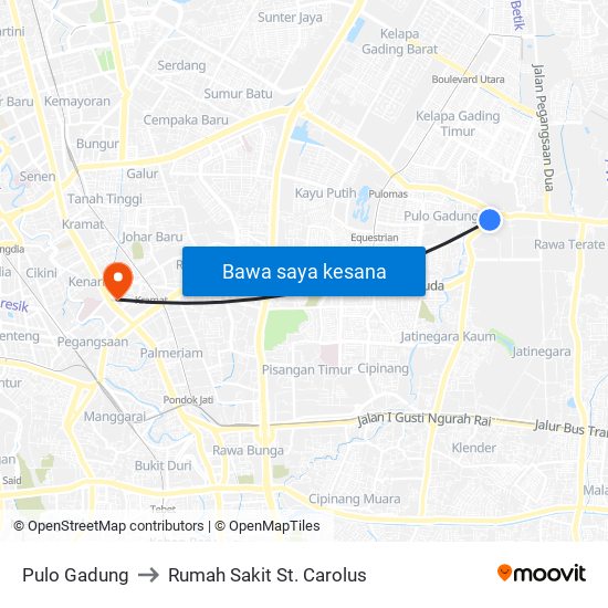 Pulo Gadung to Rumah Sakit St. Carolus map