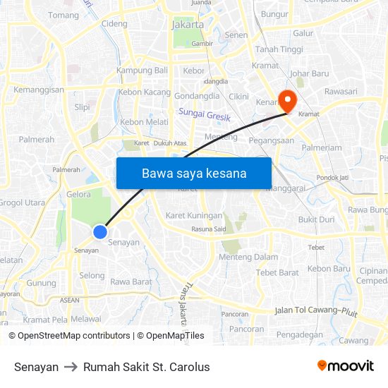 Senayan to Rumah Sakit St. Carolus map