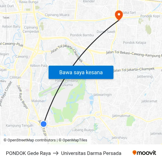 PONDOK Gede Raya to Universitas Darma Persada map