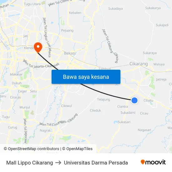 Mall Lippo Cikarang to Universitas Darma Persada map