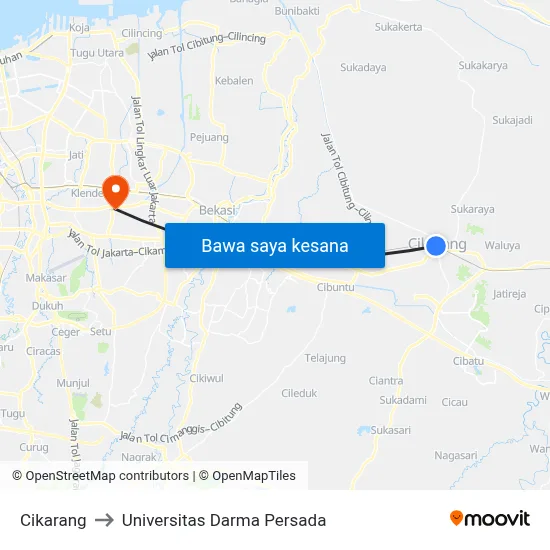 Cikarang to Universitas Darma Persada map
