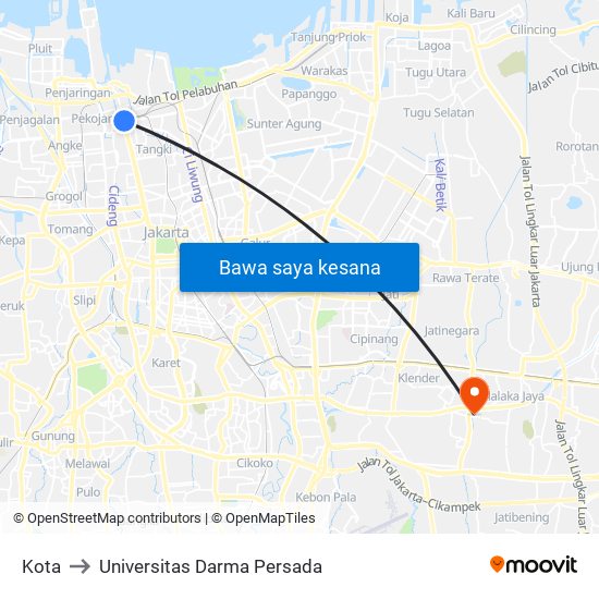 Kota to Universitas Darma Persada map