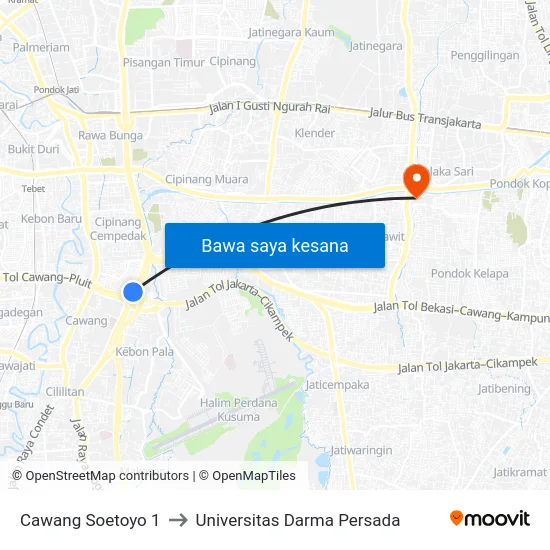 Cawang Soetoyo 1 to Universitas Darma Persada map