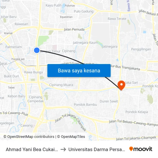 Ahmad Yani Bea Cukai 2 to Universitas Darma Persada map