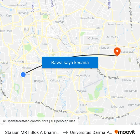 Stasiun MRT Blok A Dharmawangsa to Universitas Darma Persada map