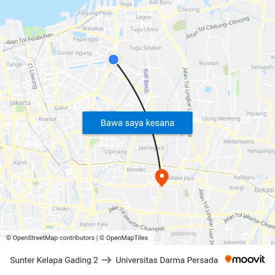 Sunter Kelapa Gading 2 to Universitas Darma Persada map