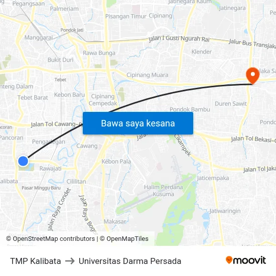TMP Kalibata to Universitas Darma Persada map