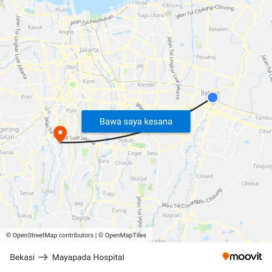 Bekasi to Mayapada Hospital map