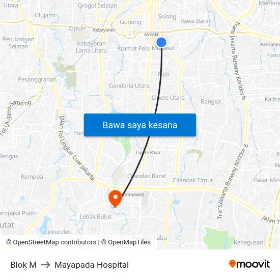 Blok M to Mayapada Hospital map