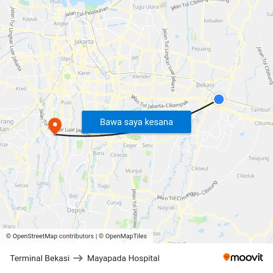 Terminal Bekasi to Mayapada Hospital map