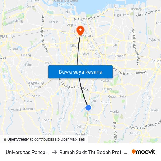 Universitas Pancasila to Rumah Sakit Tht Bedah Prof. Nizar map