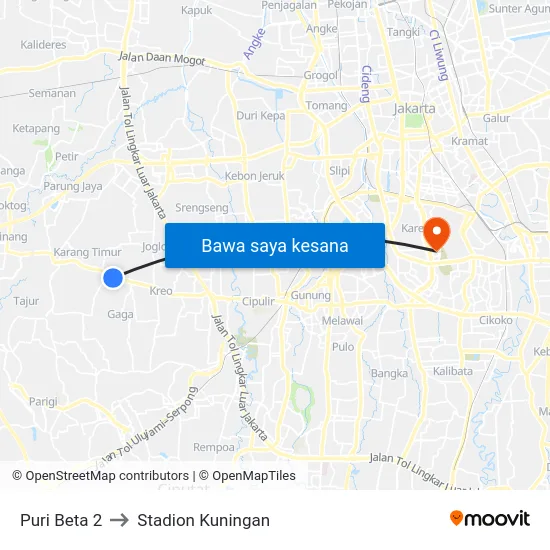 Puri Beta 2 to Stadion Kuningan map