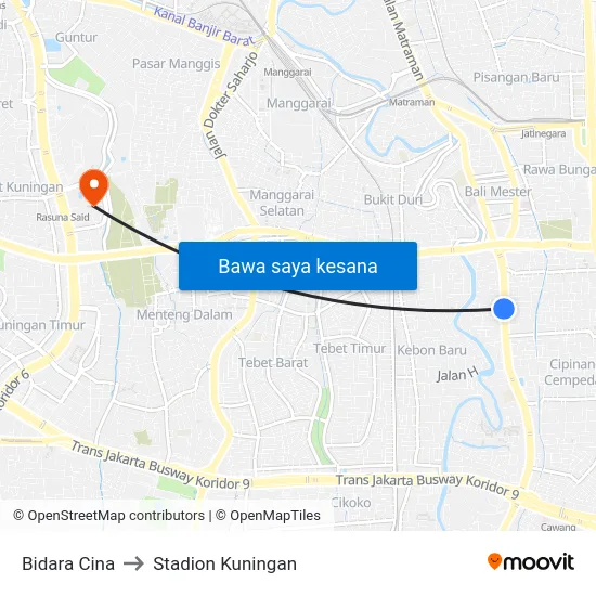 Bidara Cina to Stadion Kuningan map