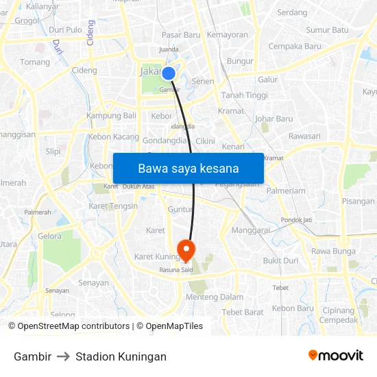 Gambir to Stadion Kuningan map