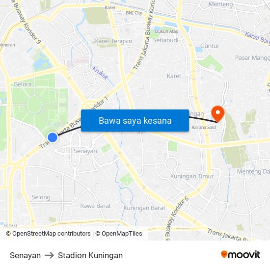 Senayan to Stadion Kuningan map