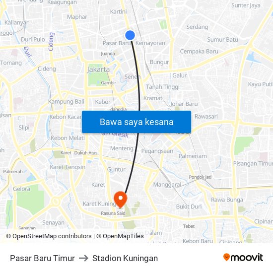 Pasar Baru Timur to Stadion Kuningan map