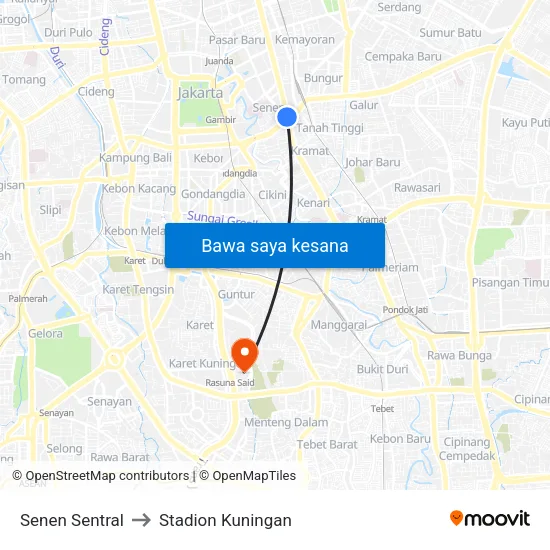 Senen Sentral to Stadion Kuningan map