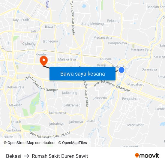 Bekasi to Rumah Sakit Duren Sawit map