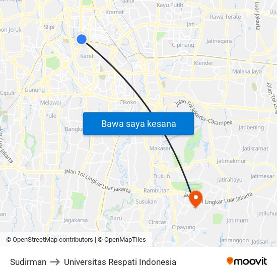 Sudirman to Universitas Respati Indonesia map