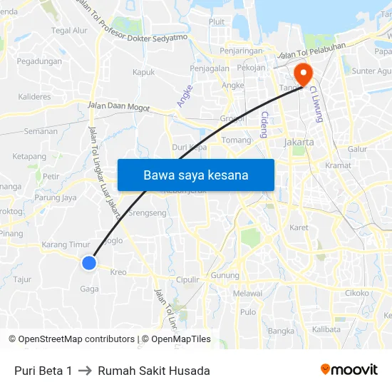 Puri Beta 1 to Rumah Sakit Husada map