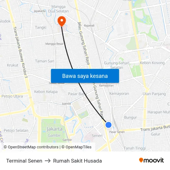 Terminal Senen to Rumah Sakit Husada map