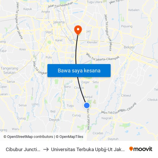 Cibubur Junction to Universitas Terbuka Upbjj-Ut Jakarta map