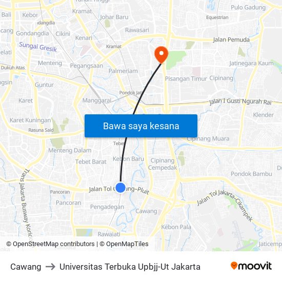 Cawang to Universitas Terbuka Upbjj-Ut Jakarta map