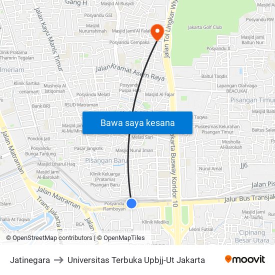 Jatinegara to Universitas Terbuka Upbjj-Ut Jakarta map