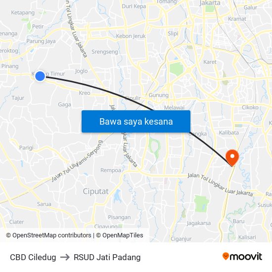 CBD Ciledug to RSUD Jati Padang map