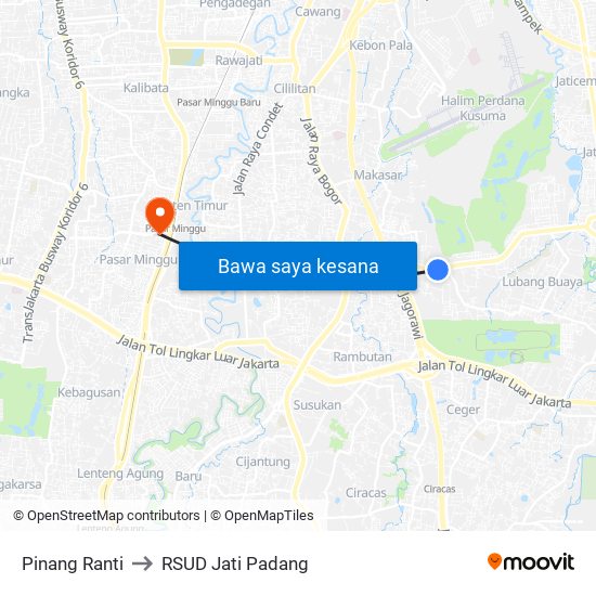 Pinang Ranti to RSUD Jati Padang map