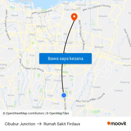 Cibubur Junction to Rumah Sakit Firdaus map