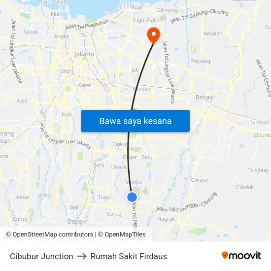 Cibubur Junction to Rumah Sakit Firdaus map