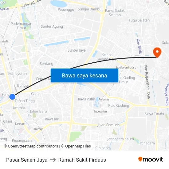 Pasar Senen Jaya to Rumah Sakit Firdaus map