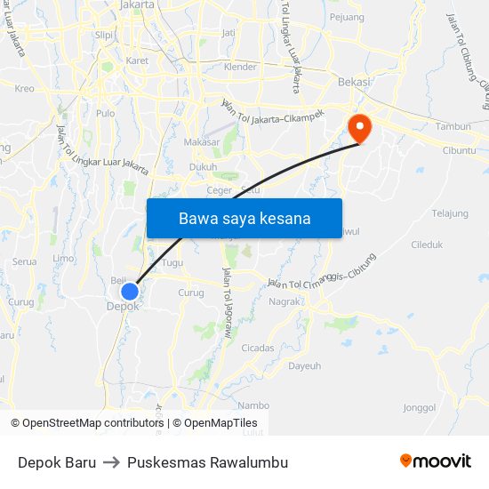 Depok Baru to Puskesmas Rawalumbu map