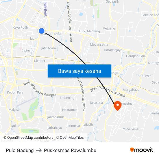 Pulo Gadung to Puskesmas Rawalumbu map