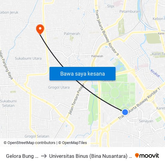 Gelora Bung Karno 2 to Universitas Binus (Bina Nusantara) Kampus Anggrek map
