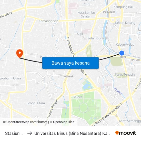 Stasiun Karet to Universitas Binus (Bina Nusantara) Kampus Anggrek map