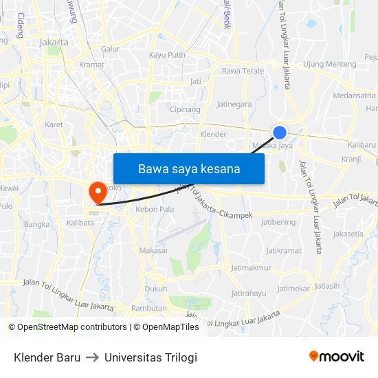 Klender Baru to Universitas Trilogi map