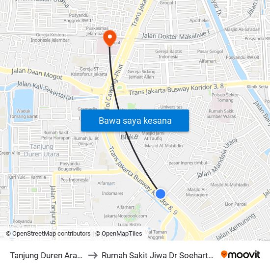 Tanjung Duren Arah Timur to Rumah Sakit Jiwa Dr Soeharto Heerdjan map